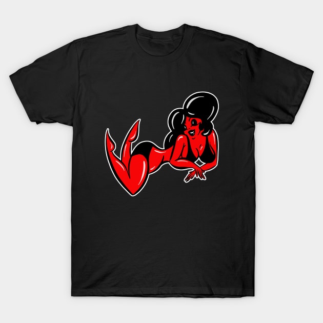 Sexy Red Devil Woman Pin Up Cartoon T-Shirt by Squeeb Creative